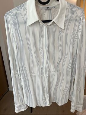 White Collared Blouse with Subtle Blue Stripe